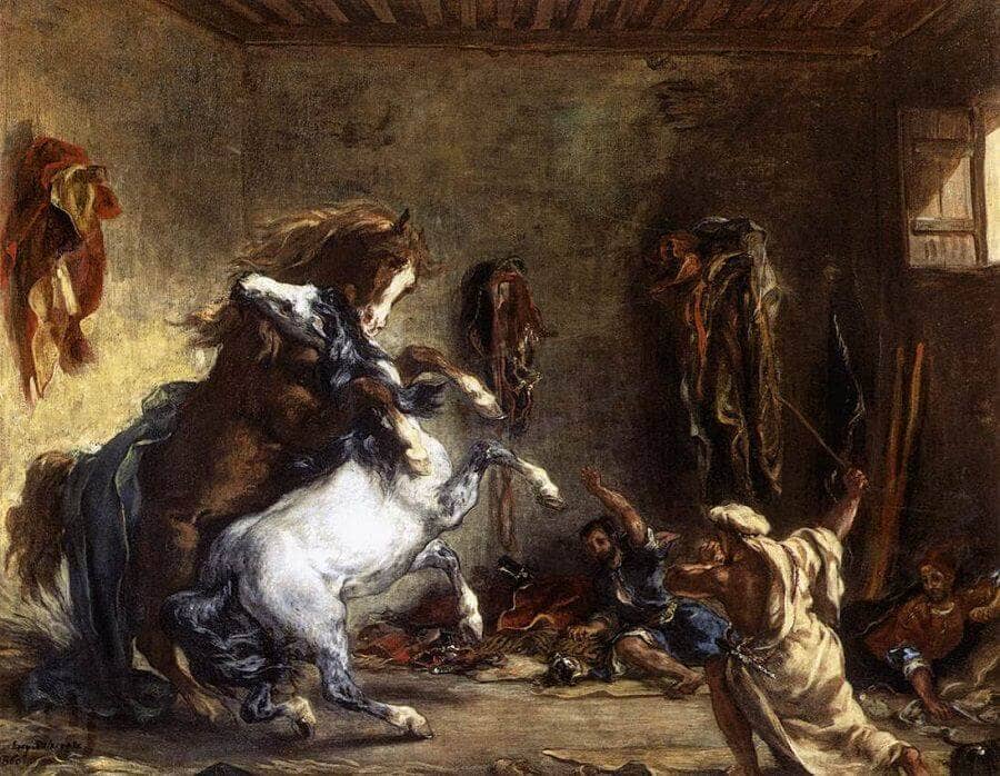 Arab Horses Fighting in a Stable by Eugene Delacroix